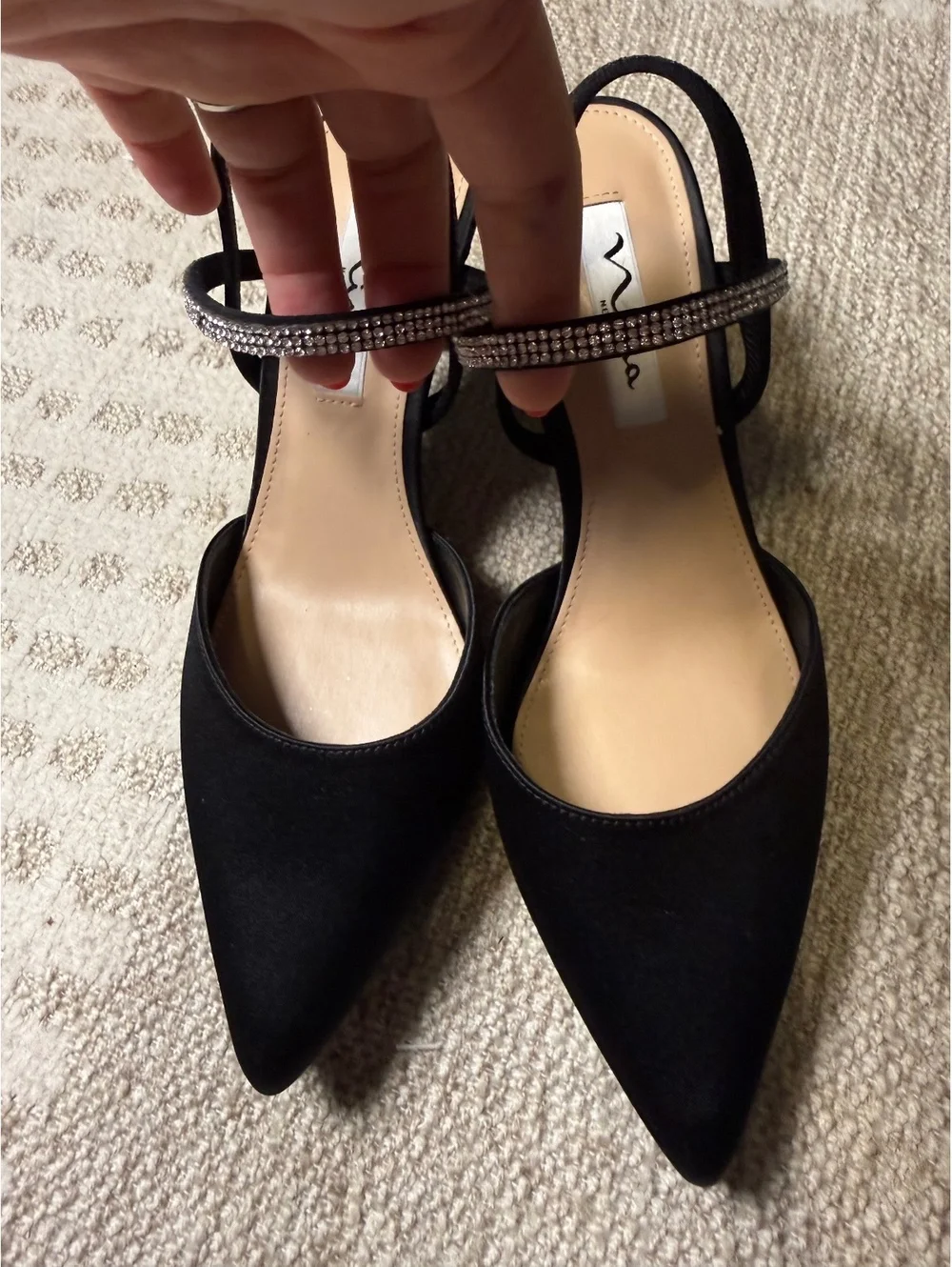 Nina New York Black Satin Slingback Heels with Rhinestone Strap